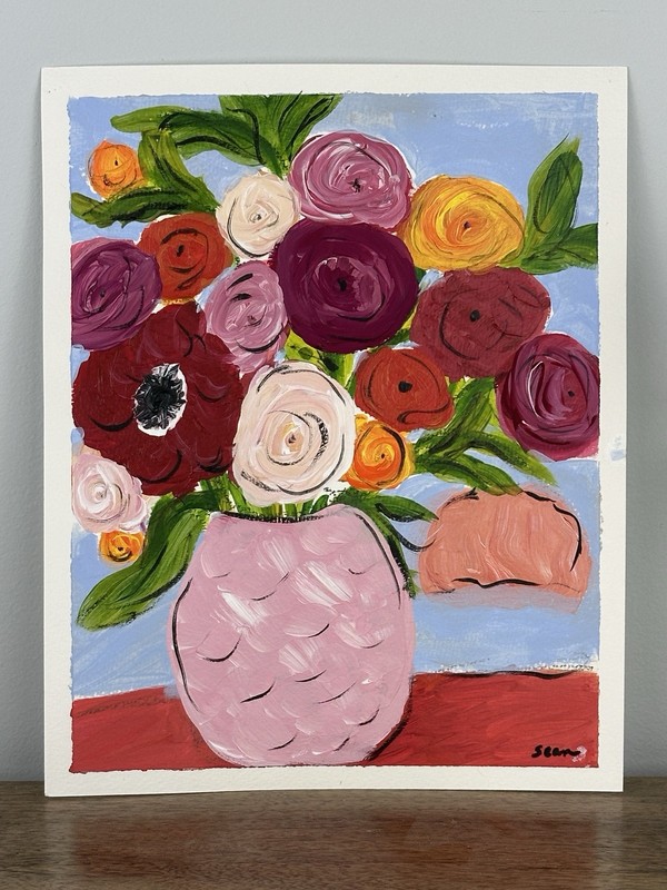 Original Peony and Ranunculus Flower Painting, Acrylic On Heavy Paper, 10”8” gallery