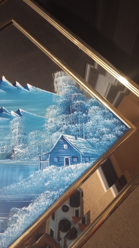 Vintage, W. Clemons, Hand Painted, Winter Lake Cabin, Acrylic Painting on Mirror gallery