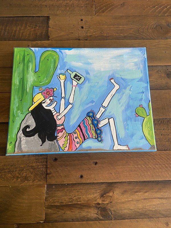 enjoy your own company skeleton drinking desert canvas acrylic painting