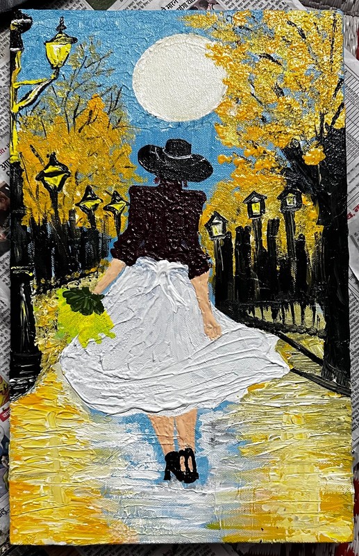 Handmade Vintage Textured Acrylic Painting of Woman Walking at Night, 10×16″