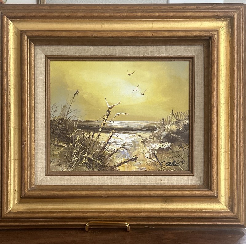 Original Signed Oil Painting Beach Dunes Seascape Seagulls Framed 15×17 Art