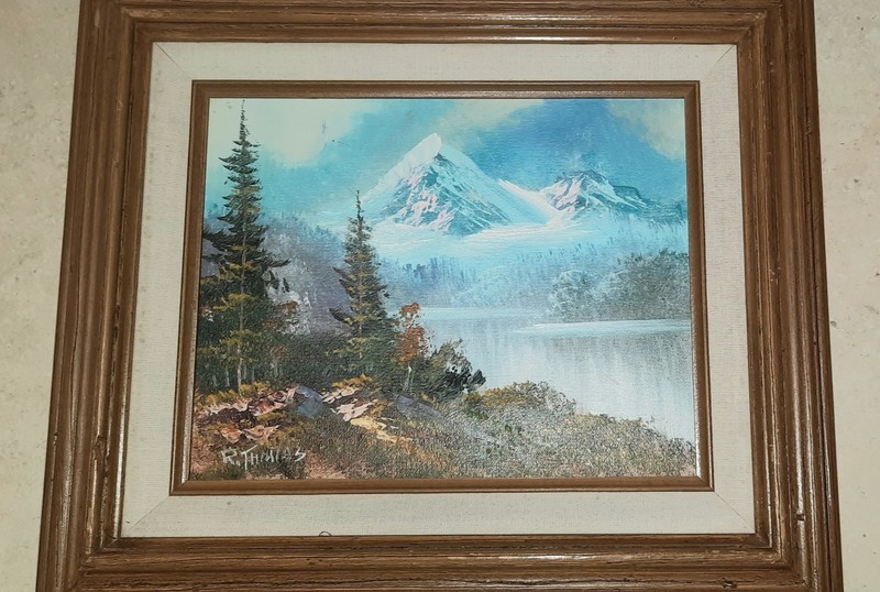 Vintage R.Thomas Signed Oil Painting Decor Art Mountain Landscape Approx 14″x16″