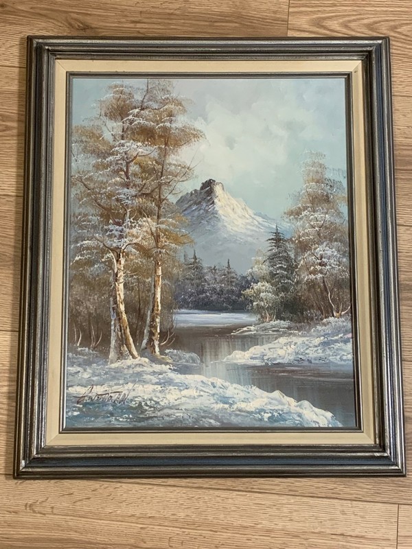 G. Whitman Signed Original Winter Mountain River Landscape Oil Painting