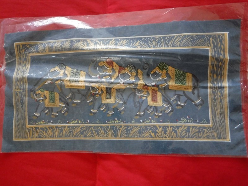 Royal Asian Elephants, Painting on Silk Fabric, Blue & Gold, 8 in x 15 in NWOT gallery
