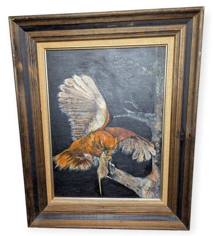 Hand Painted Oil on Canvas Hunting Owl Painting by Polly Wiele 21″ x 17″ Framed
