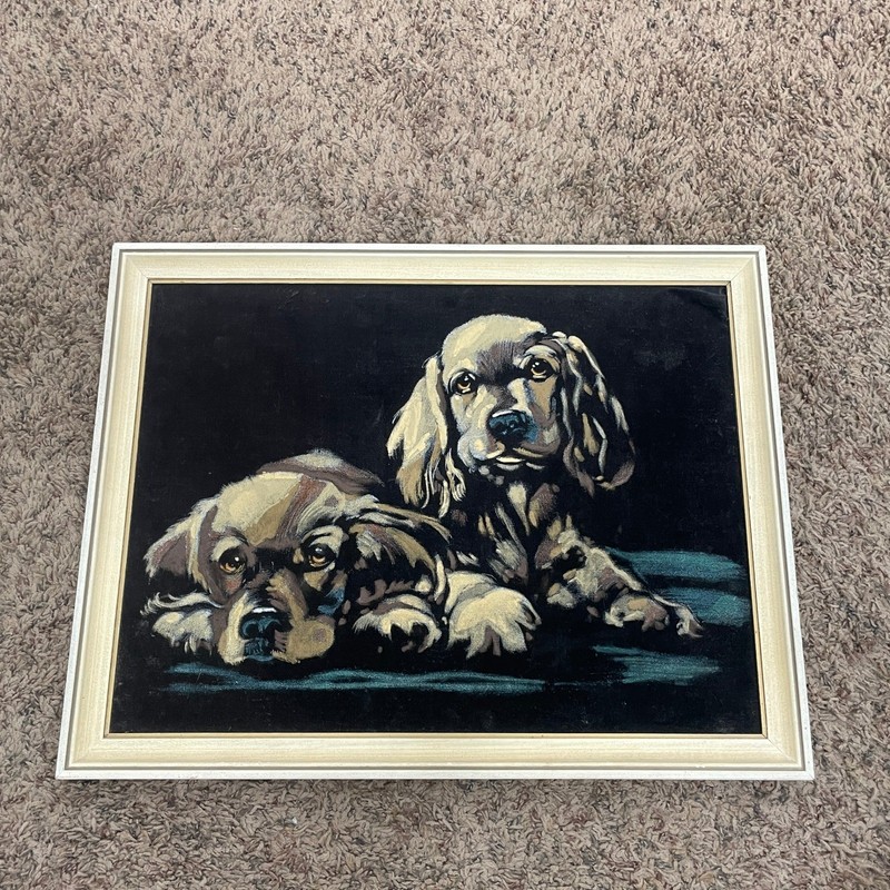 Vintage Black Velvet Painting Two Puppies Dogs Framed Kitsch Retro Wall Art READ