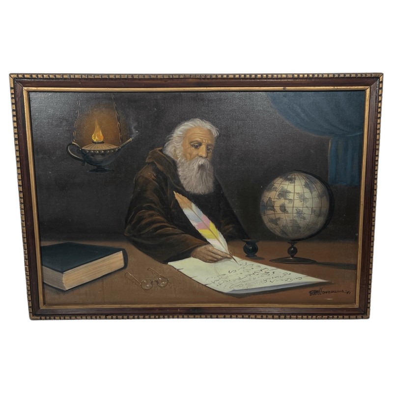 1981 Unique Marco Polo Rainbow Quill Pen Original Canvas Painting Framed Vintage