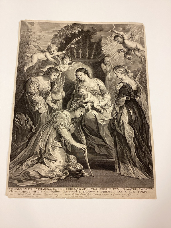 Antique Engraving Afrer Peter Paul Rubens Coronation of St. Catherine By Child