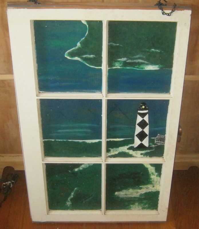 Americana Lighthouse Seascape on Antique 6 Panel Window by ROBBIN SPENCER 1997