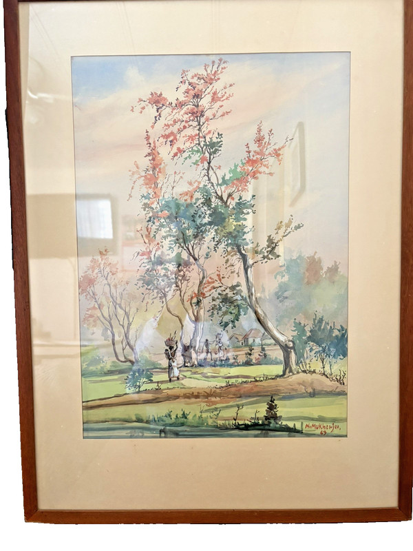 Framed rural life in India watercolor scene by N.Mukherjee dated 1963.