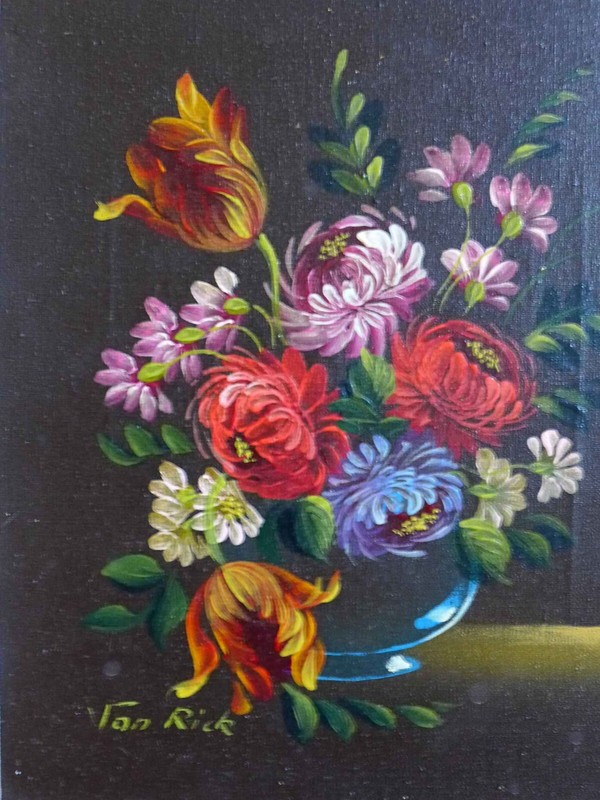 Floral Still Life by Van Rick Original Oil Painting Signed Ornate Gold Frame VTG gallery
