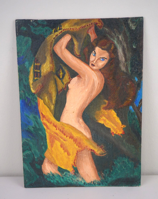 Nude Woman in Jungle Painting 14×10 Sign ORIGINAL