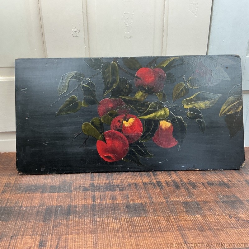 Antique Oil Painting Red Apples Green Branches Black Background Wood Board Moody