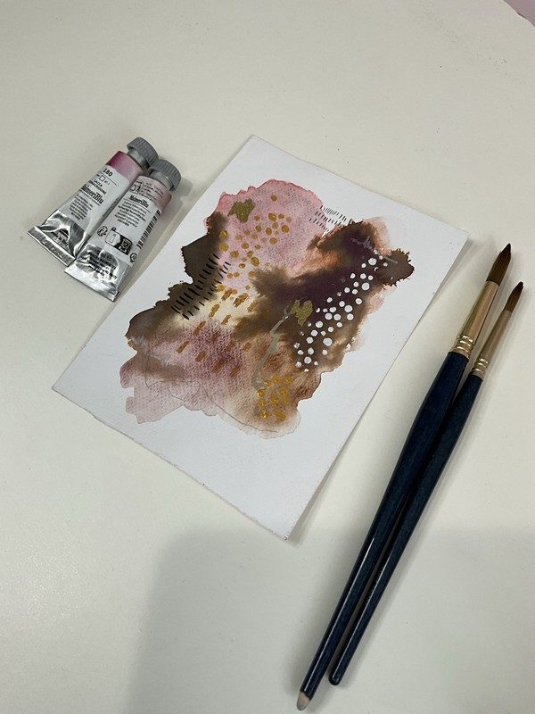 ACEO Original Watercolor Abstract 5 x 7 Painting Art Card With Gold Signed gallery