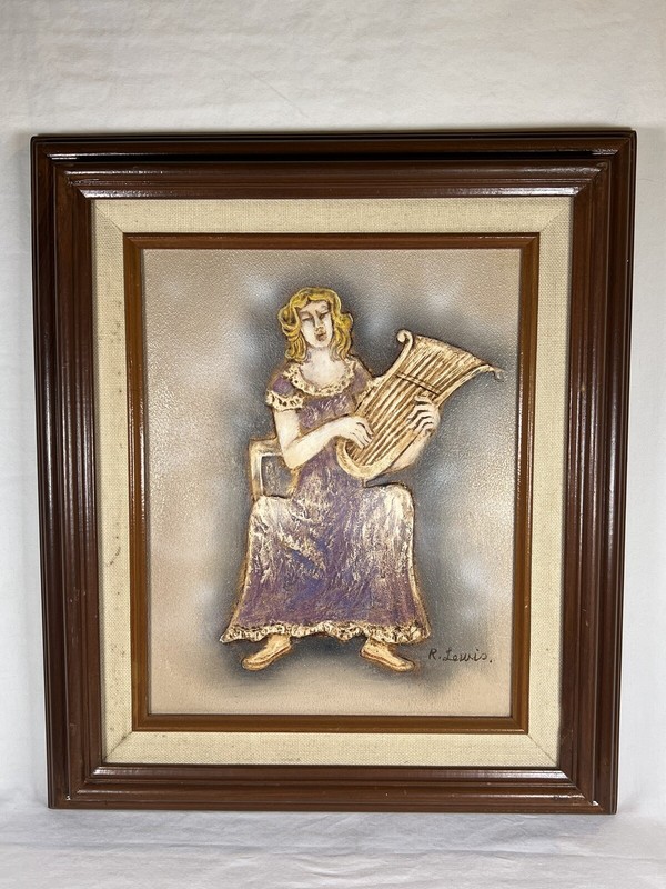 OOAK Dimensional Raised Textured Canvas Oil Painting Harpist Musician -R Lewis