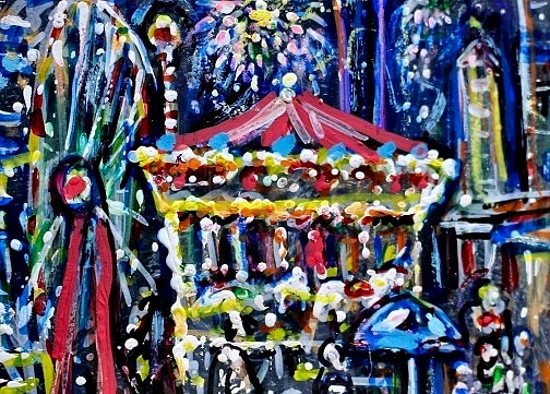 ORIGINAL ACEO Painting CARNIVAL Fair Amusement Park Ocean City Rides Fun ATC ART