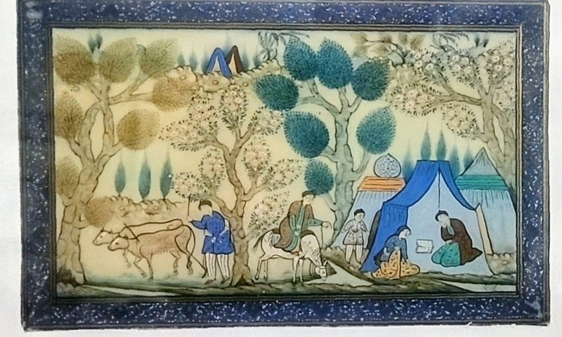 VTG Persian Miniature Painting On Camel Bone Panel In Khatam Frame 6” X 4” RARE