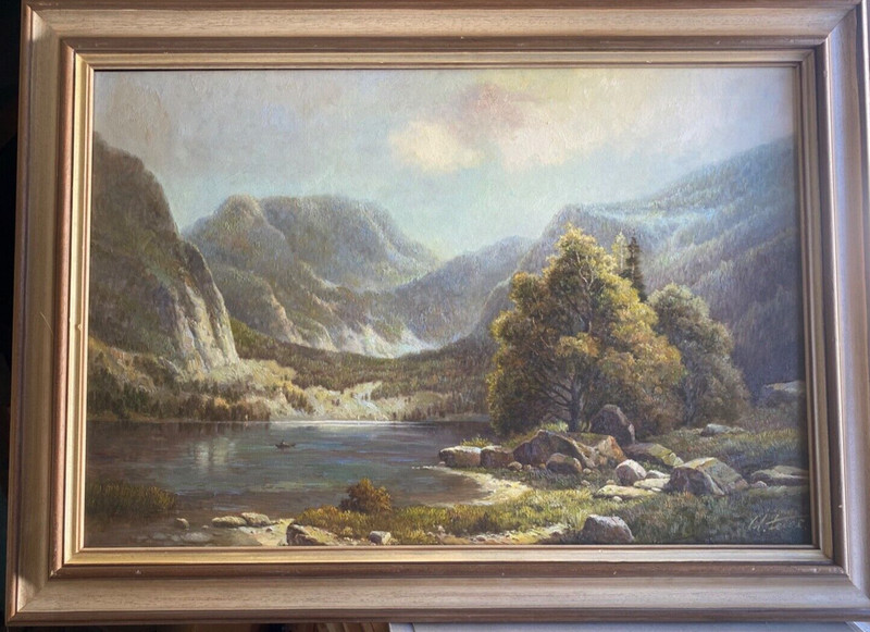Oil painting signed M.Teige breathtaking view of mountain lake with waterfall