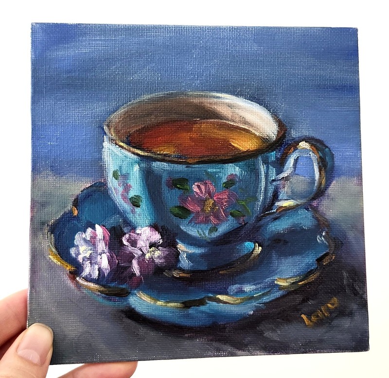 Blue Cup and Saucer with Tea Original Oil Painting 6×6 OOAK Signed Still Life