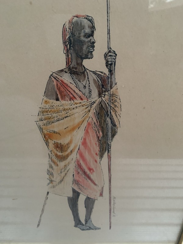 ORIGINAL Framed & Signed AFRICAN Tribe Kenya Maasai Warrior WATERCOLOR Painting gallery
