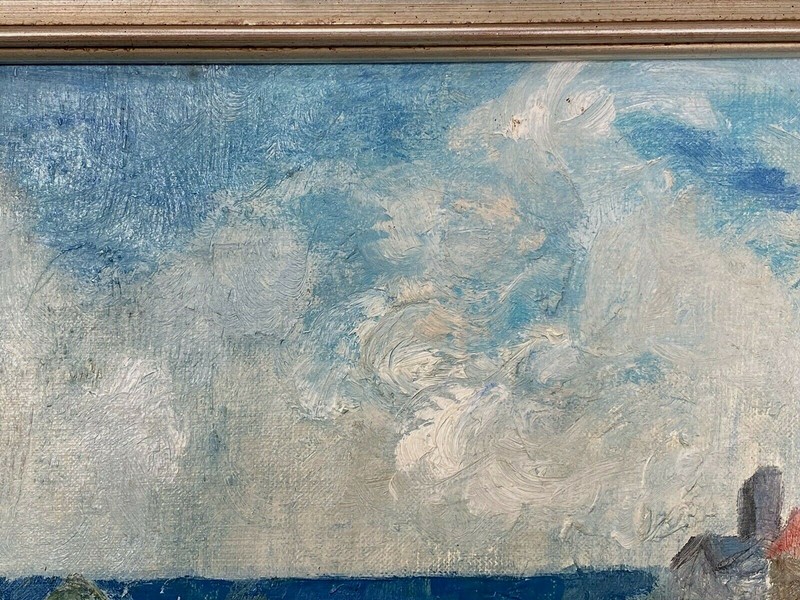 Scandinavian Oil on Canvas Seascape Coastal Village Inlet Signed M. Sorenson gallery