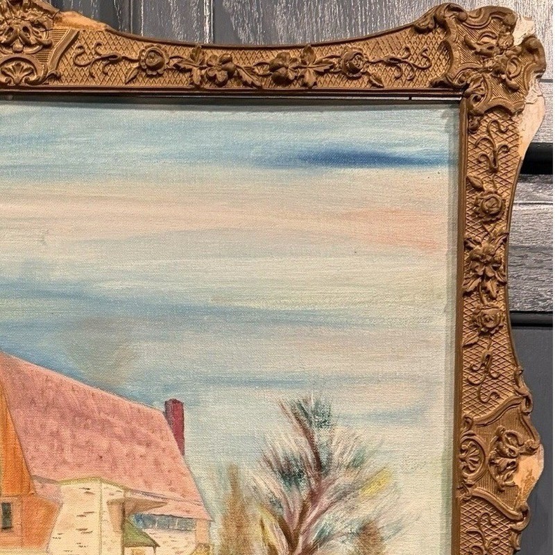 Vintage E Wallerstedt Oil Painting 1966 Mid Cent Modern Church Landscape Frame gallery
