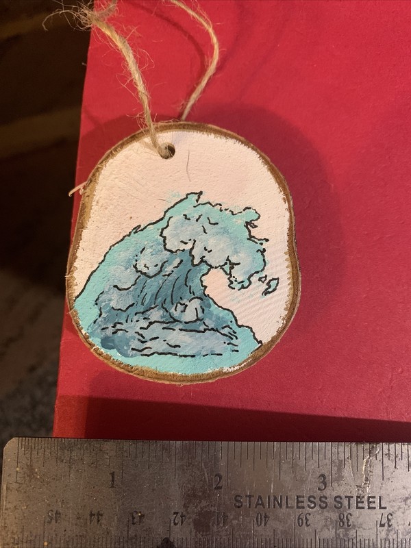 3” Wood Ornament Hand Painting Shortiez Ink Christmas Ocean Wave Water
