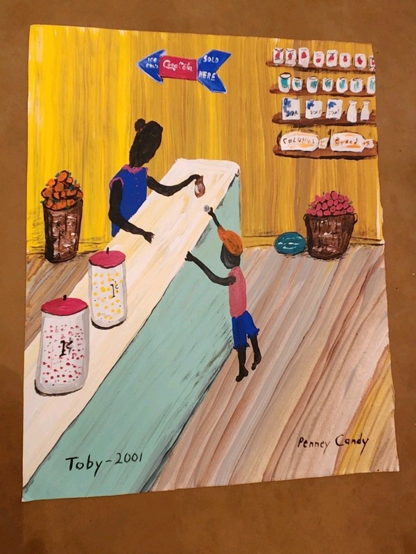 2001 Signed Toby Black Grocery Painting – Penny Candy