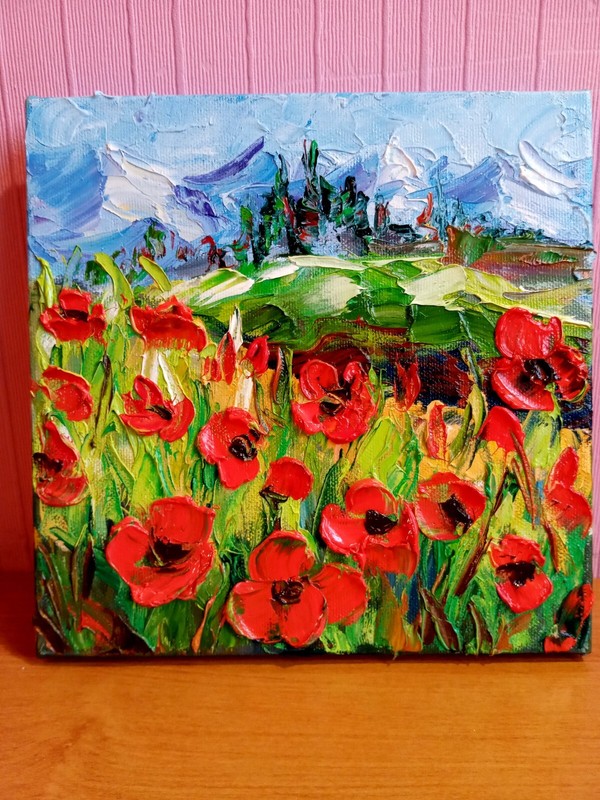 Landscape Ukraine Original Canvas Painting 8*8" Poppies Small floral wall art gallery