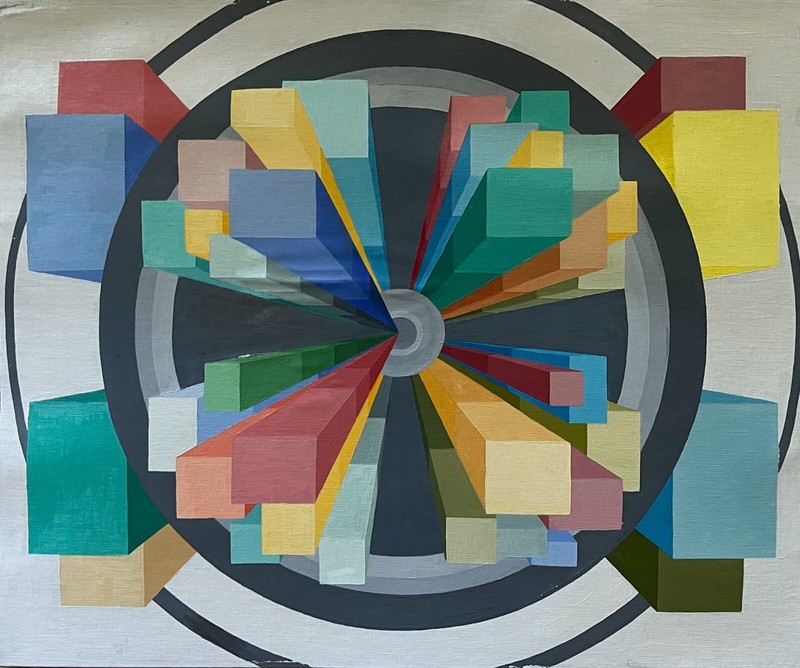 VIntage 80s Geometric Optical Art Hard Edge Painting Modern Wall Hanging Signed