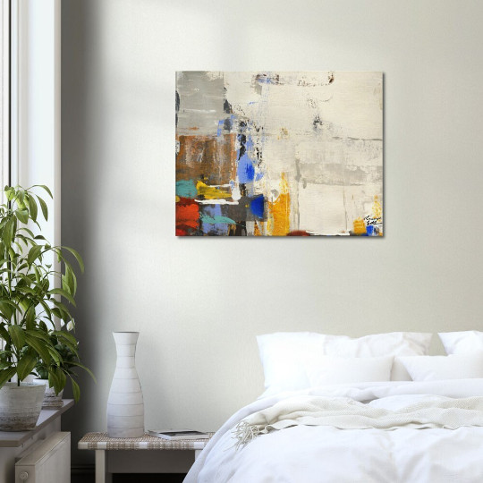 Original beige abstract canvas art painting. Blue red yellow brown black green. gallery