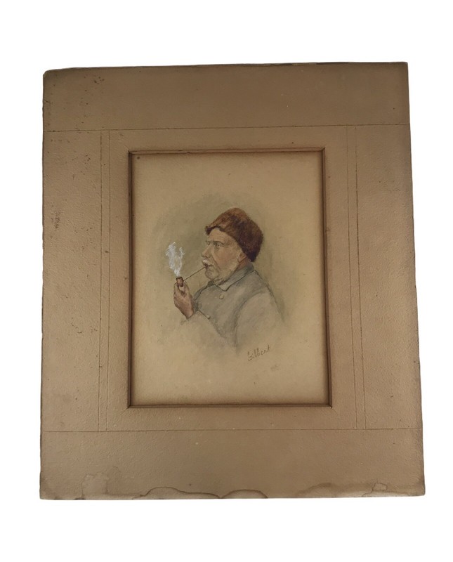 Antique Chalk Drawing Man Smoking Pipe Profile On Paper Signed Gilbert