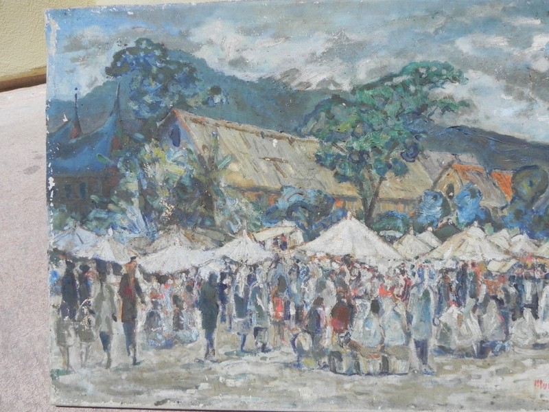 Vintage Indonesian art market painting 1962 by Muslim Saleh 1927- gallery