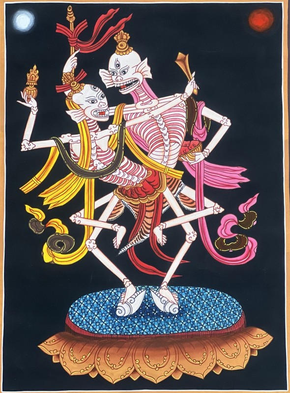 CITIPATI DANCING SKELETONS HAND-PAINTED TIBETAN THANGKA ART WITH SILK BROCADE gallery
