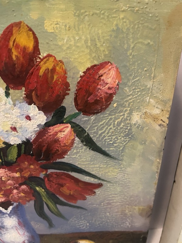 Set of 2 VTG Impasto Floral Still Life In Pitcher /Fruit In Bowl Framed 12”x12” gallery