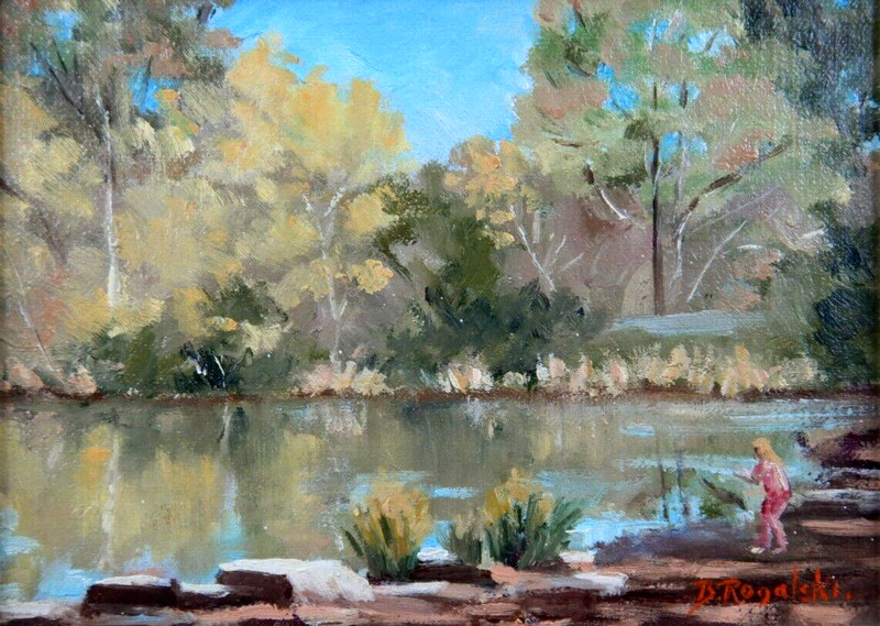 AUSTRALIAN OIL PAINTING ON BOARD BY BARBARA ROGALSKI AUTUMN BLACKBURN LAKE P302