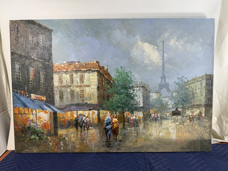 Paris Street Scene Eiffel Tower Oil on Canvas Painting, 24×36 Large Beautiful