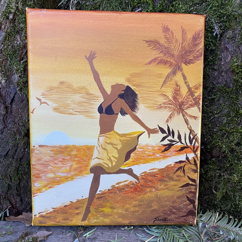 Original API Oil Painting Miniature Sunset Beach Ocean Tropical Dance Woman Y2K