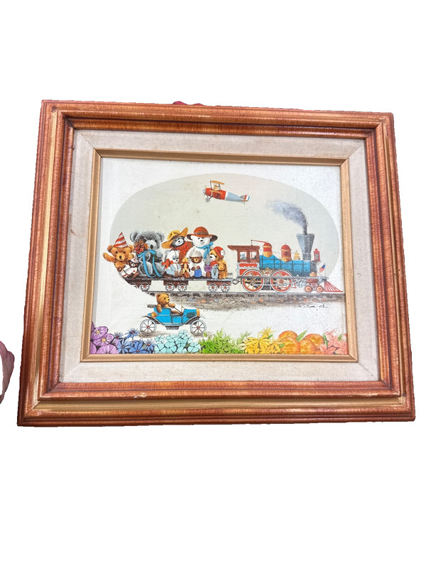 Canvas Painting Teddy Bear Train Signed R. Smith Vintage Art