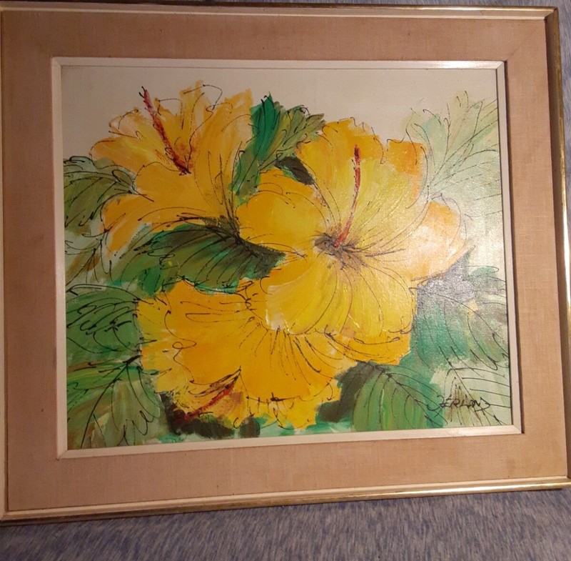 MID CENTURY MODERN FRAMED YELLOW HIBISCUS FLOWER PAINTING ARTIST SIGNED HERLAND