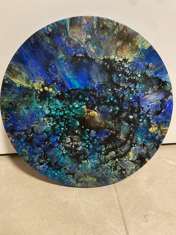 Round planet moon Abstract Blue Green Black Fluid Art Painting OOAK Unframed gallery