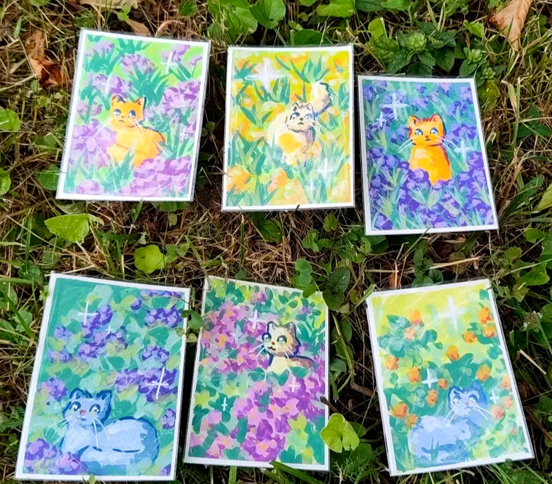 ACEO: Original Acrylic Painting (6.4 x 8.9 cm): cats and flowers 2/6 by Lenahui gallery