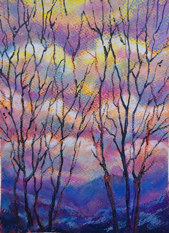 Original painting on paper, SUNRISE, cubism, signed, 12×9
