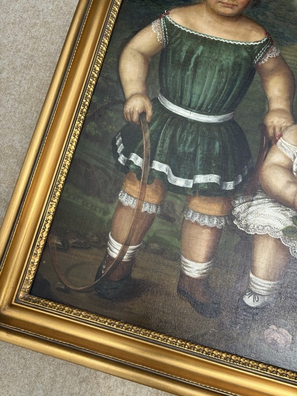 1850s Antique Folk Art 19th C Portrait Painting of Two Sisters Children American gallery