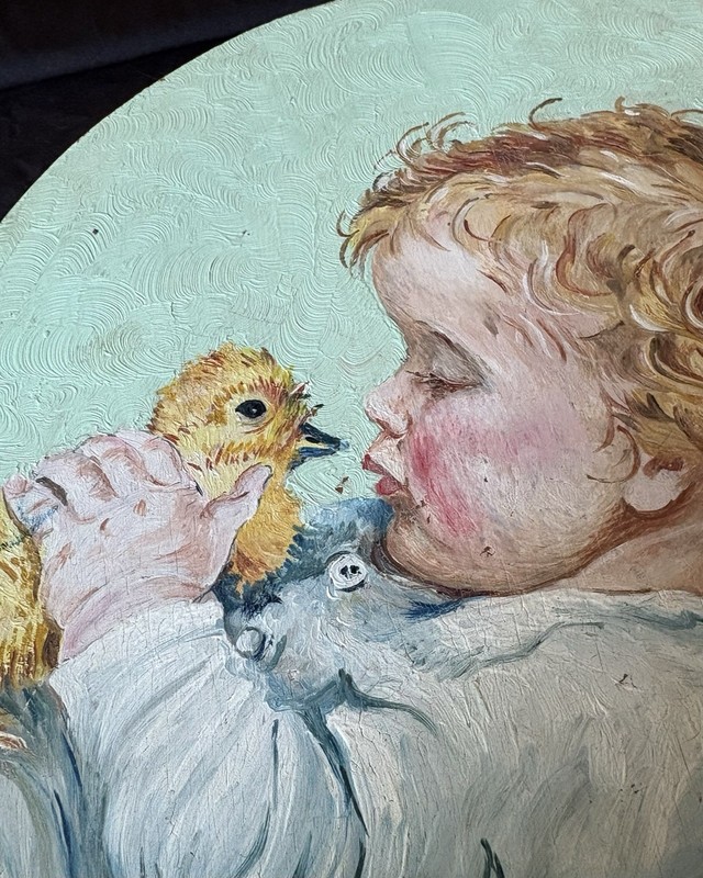 Little Boy With Duckling Original Painting On Wood Board 11” With Gift Note 1934 gallery