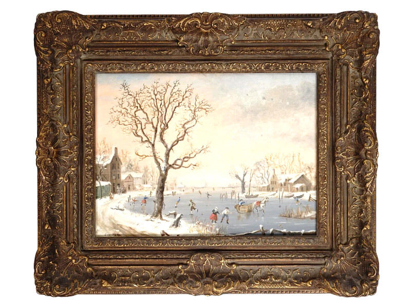Antique Painting, Oil, Landscape, Ice Skaters, Signed G. Van Hoydn, Vintage!!