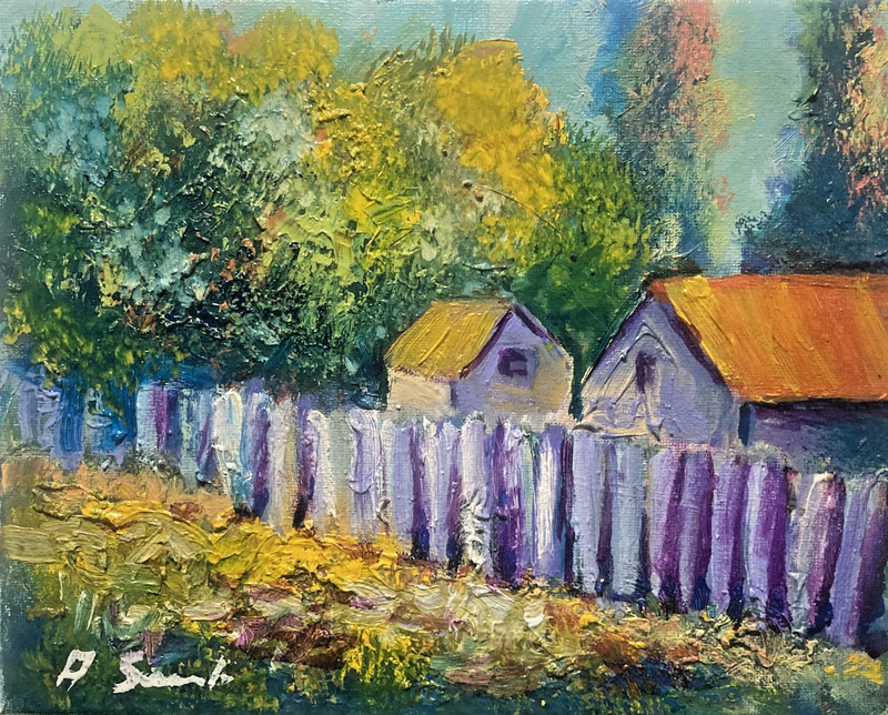 Original Oil Painting Landscape Village Houses Fence Canvas A Semberecki 8*10