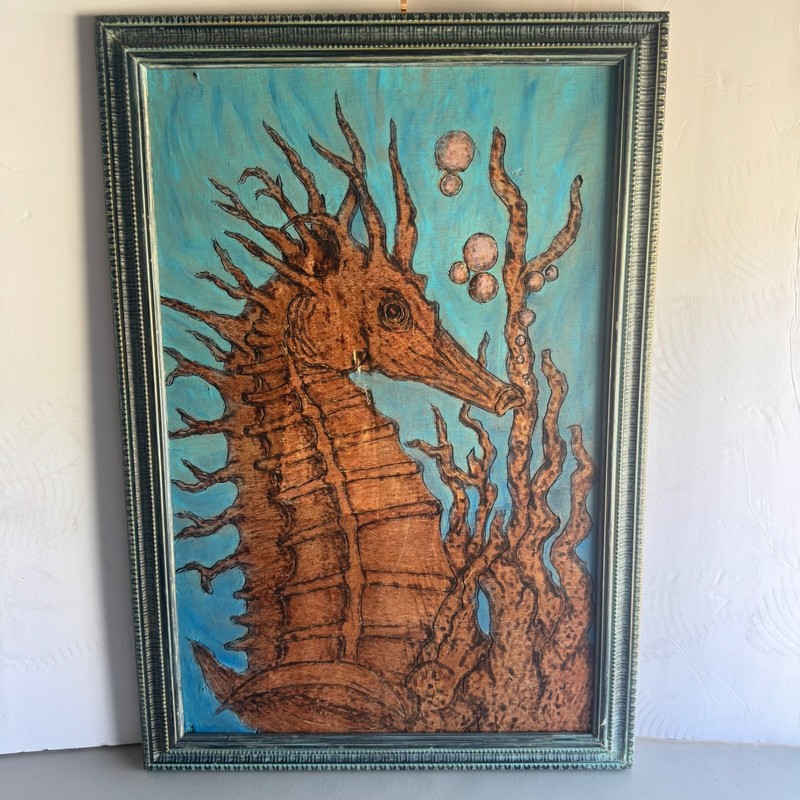 Handmade Seahorse Carved Wood Painting 26×16 Tropical Coastal decor nautical Art