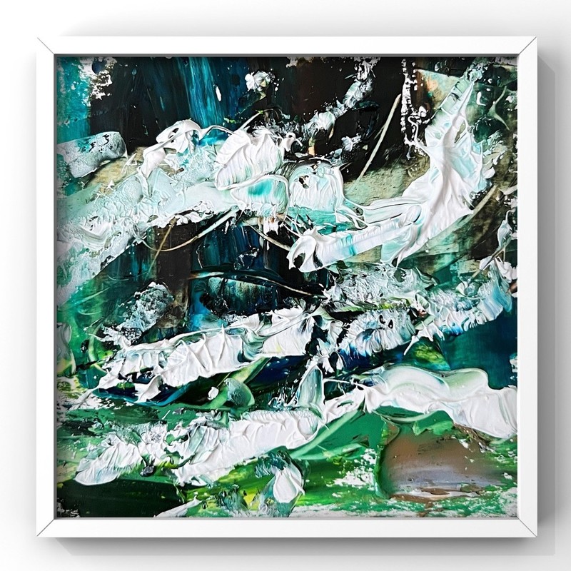 Atmospheric Ocean Storm Oil Painting Framed Blue Green Abstract Coastal Art Gift