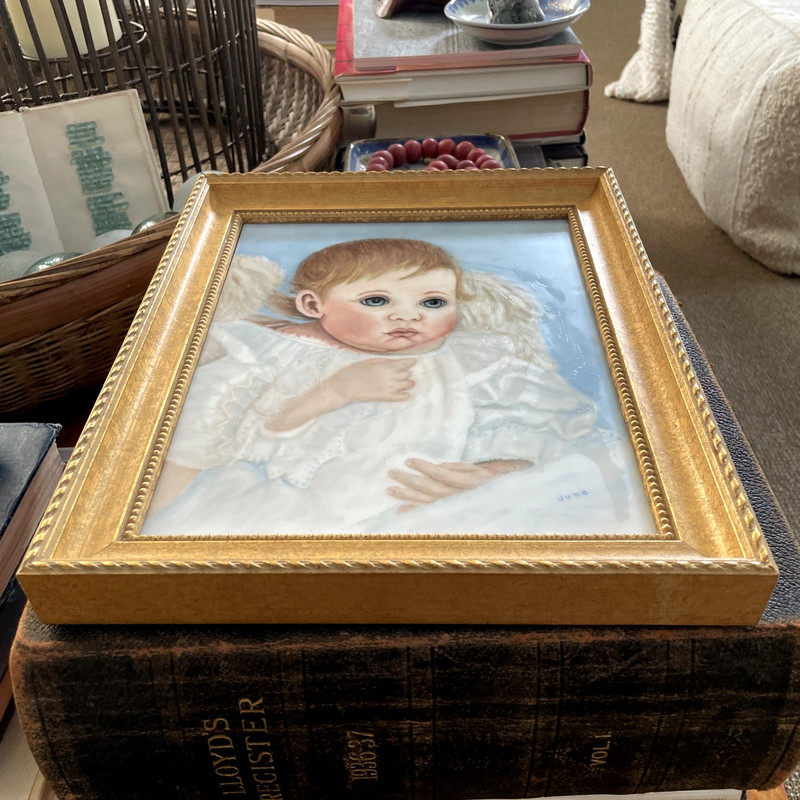 VTG Baby Angel Framed Original Porcelain Plaque Painting Cherub Nursery Decor gallery